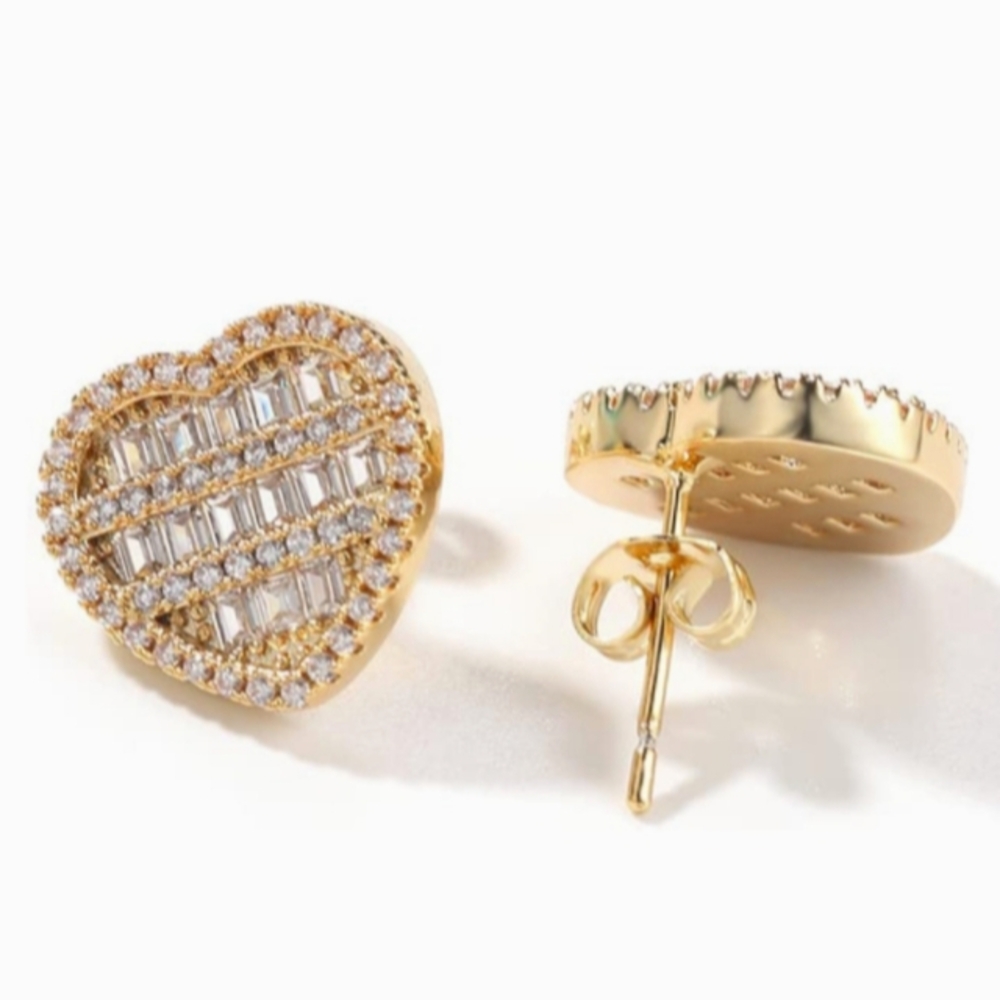 Gold Pave Rhinestone Heart Post Earrings CZ Sparkle Crystal Hearts Studs New